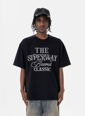 285G字母烫钻工艺2025春夏新品潮牌休闲百搭宽松短袖T恤