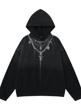 虚拟现实主题印花毛边设计水洗复古做旧连帽衫