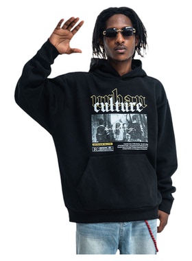 美式高街风景文字印花加绒秋冬连帽卫衣潮牌宽松连帽衫