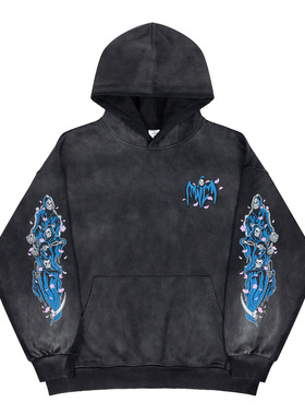 2025秋冬新款美式vintage重磅水洗死神印花加绒连帽卫衣