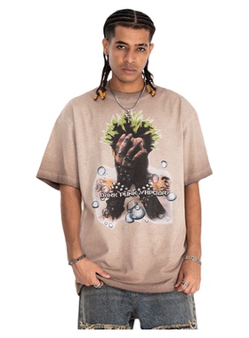 街头人像印花反面炒色做旧磨边洗水男t恤潮牌复古T t-shirt