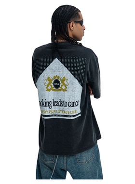 春夏国潮牌美式复古烟盒大印花落肩宽松版情侣T恤潮