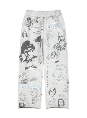 2025秋冬新款vintage美式涂鸦破洞阔腿运动休闲裤卫裤男