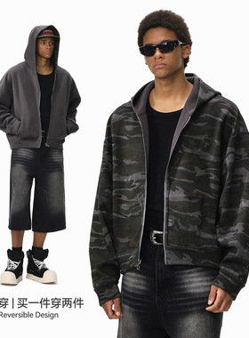 迷彩双面穿拉链外套25秋季新品美式boxy百搭连帽上衣男