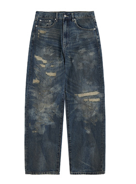 水洗日系休闲男高级感糜烂割破做旧宽松直筒牛仔裤