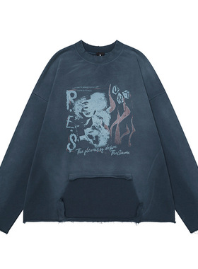 430g精梳棉毛圈卫衣复古喷色做旧洗水仿旧磨破圆领卫衣男女