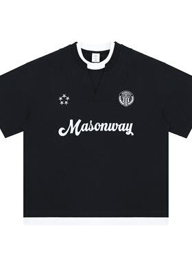 新款潮牌重磅复古徽章印花冰球服V领小开口短袖T恤