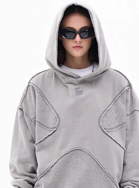 2025秋冬新品潮牌个性反车设计工艺纯色高街连帽卫衣