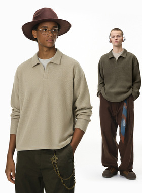 老钱假两件拼接长袖25秋季新品美式复古翻领针织衫T恤