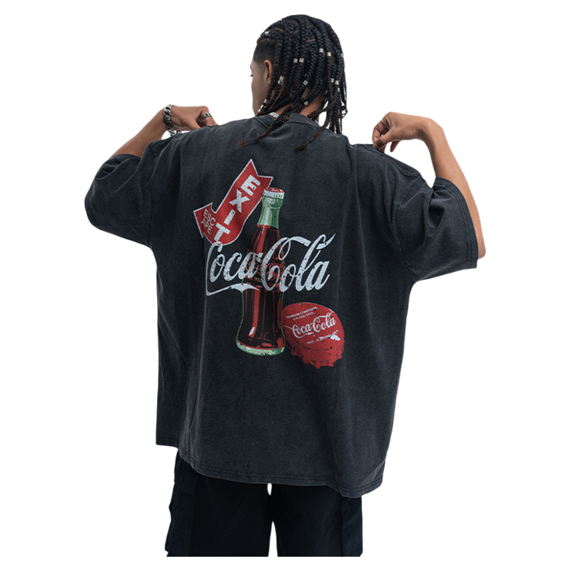 coca cola美式街头复古水洗可乐字母印花纯棉短袖T恤男女情侣上衣