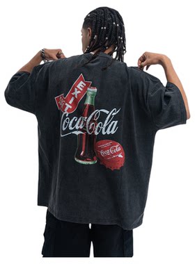coca cola美式街头复古水洗可乐字母印花纯棉短袖T恤男女情侣上衣