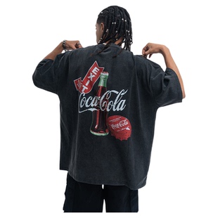 coca cola美式街头复古水洗可乐字母印花纯棉短袖T恤男女情侣上衣