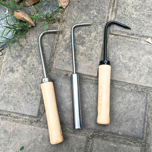 不锈钢单爪根钩松土根勾园艺工具盆栽盆景养护松土钩木柄单爪钩