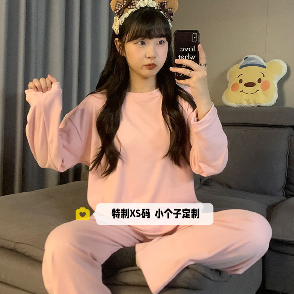 小个子秋冬德绒圆领长袖睡衣女