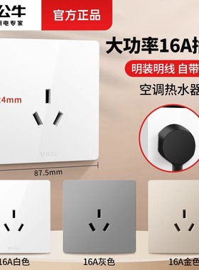 公牛明装三孔16A空调插座专用16安一开三孔大功率热水器10A三孔暗