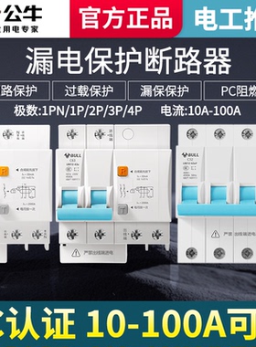 公牛空开漏电保护器63a家用220v断路器带漏保1p2p3p电闸总开关