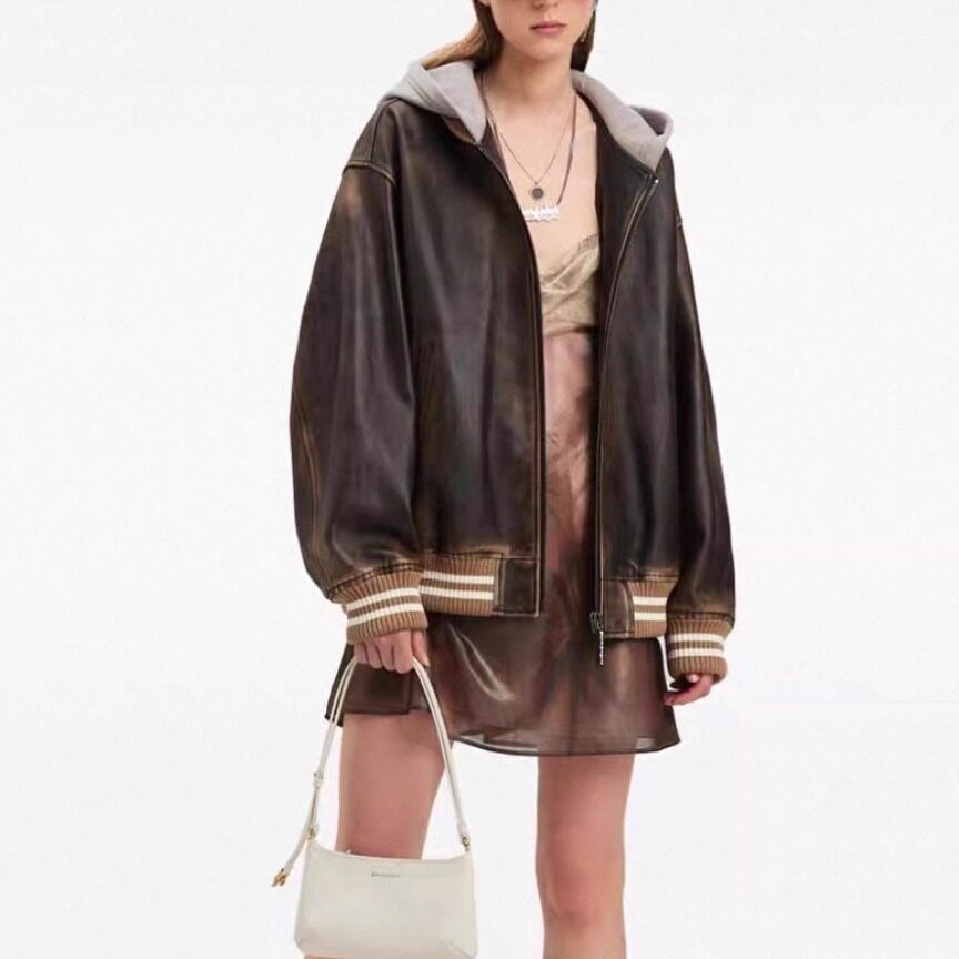 新款真皮皮衣女连帽棒球服皮夹克