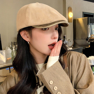 英伦风灯芯绒前进帽女美式复古百搭反戴前景帽大头围显脸小画家帽