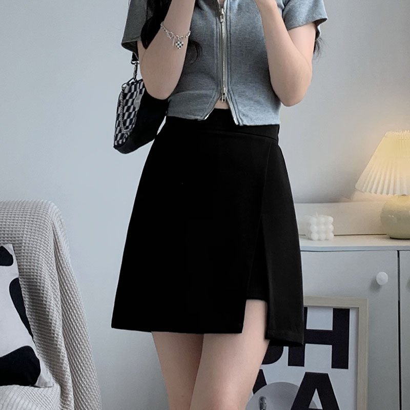 开叉黑色包臀短裙女夏季薄款大码高腰a字裙子西装雪纺半身裙裤裙