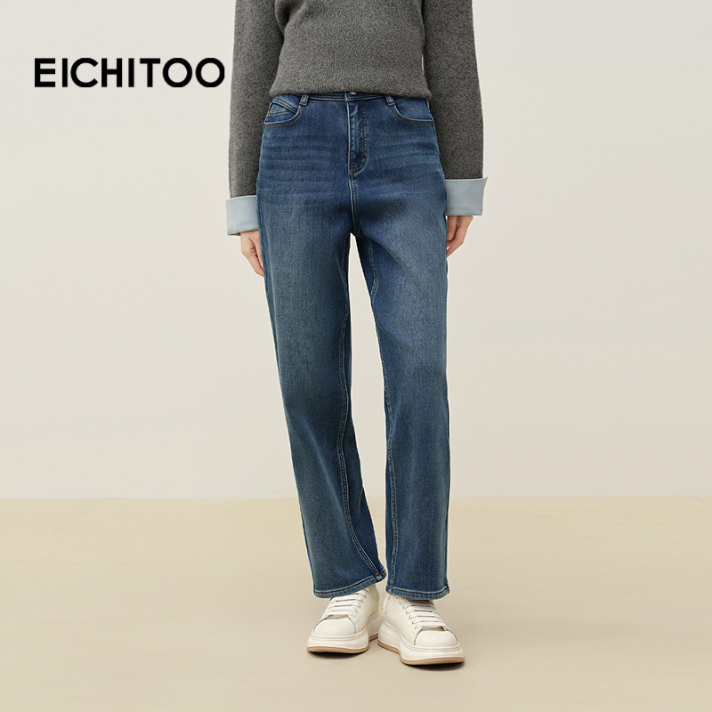 爱居兔保暖绒感弹力牛仔裤2025年冬季新款女舒适哈伦裤长裤