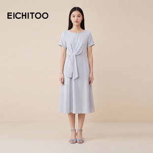 新款 女圆领显瘦绑带纯色长裙 连衣裙2026年夏季 爱居兔优雅知性短袖