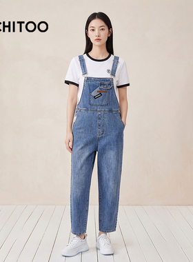 爱居兔减龄元气牛仔裤2026年夏季新款女蓝色休闲舒适背带裤