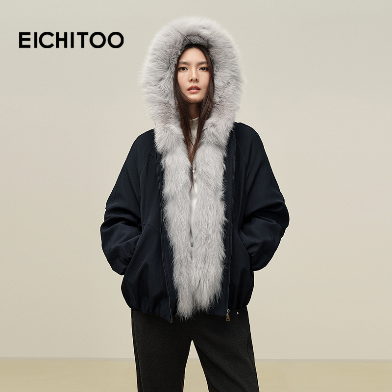 爱居兔高品质狐狸毛皮草2025年冬季新款女藏青质感挺阔冬外套