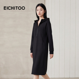 爱居兔连帽休闲连衣裙女春季 轻运动卫衣高级感长裙 新款