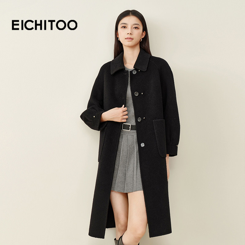 爱居兔骆驼绒牦牛绒藏青双面呢大衣2025年冬季新款女高品质外套