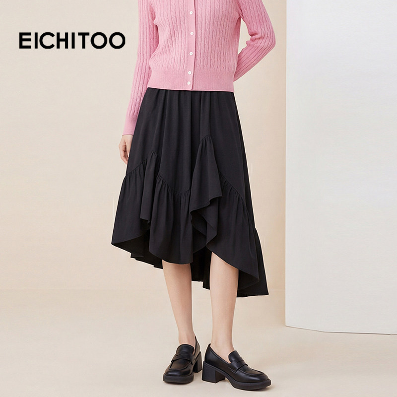 爱居兔不规则设计感半身裙2026年夏季新款女黑色裙摆飘逸单裙