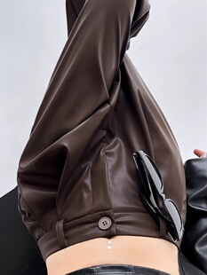 覆古休闲PU皮直筒裤 棕色阔腿皮裤 高腰宽松显瘦美式 2025新款 女夏季