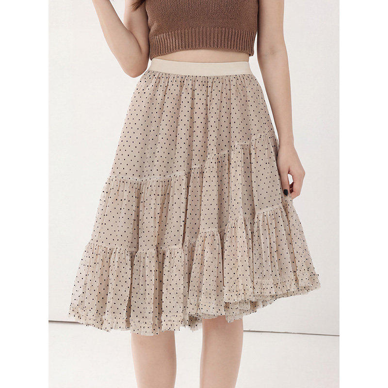 杏色网纱不规则中裙女2026春季新款法式复古风高腰波点A字半身裙