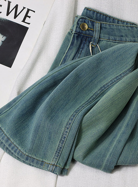 绿色窄版阔腿牛仔裤女2024春秋新款高腰宽松显瘦小个子九分直筒裤