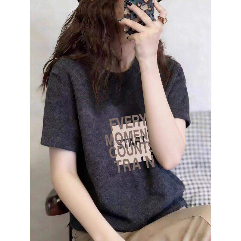 灰色正肩磨毛短袖T恤女2026年夏季新款宽松大码胖mm显瘦半袖上衣