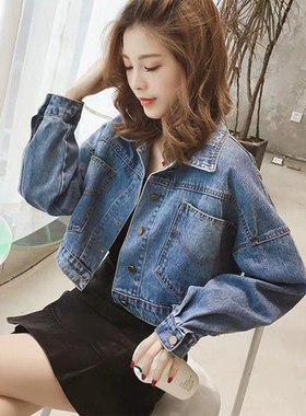 蓝色牛仔外套女2025春秋新款覆古港风宽松显瘦小个子短款夹克上衣
