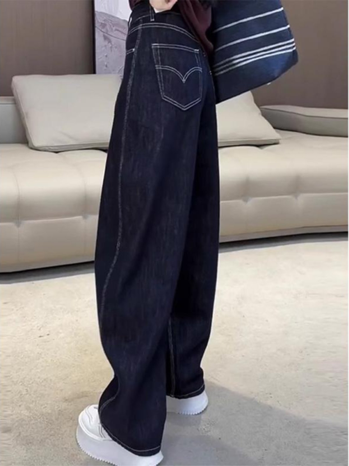 深蓝色阔腿牛仔裤女2025夏季新款大码胖mm高腰简约休闲拖地弯刀裤,女装/女士精品,牛仔裤,淘宝优惠券,粉丝福利购,淘宝优惠卷