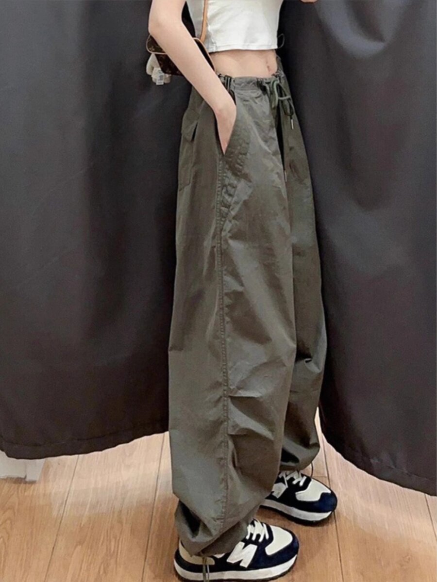 美国高街军绿色工作服女式2025夏季新覆古高腰宽松修身直腿阔腿裤