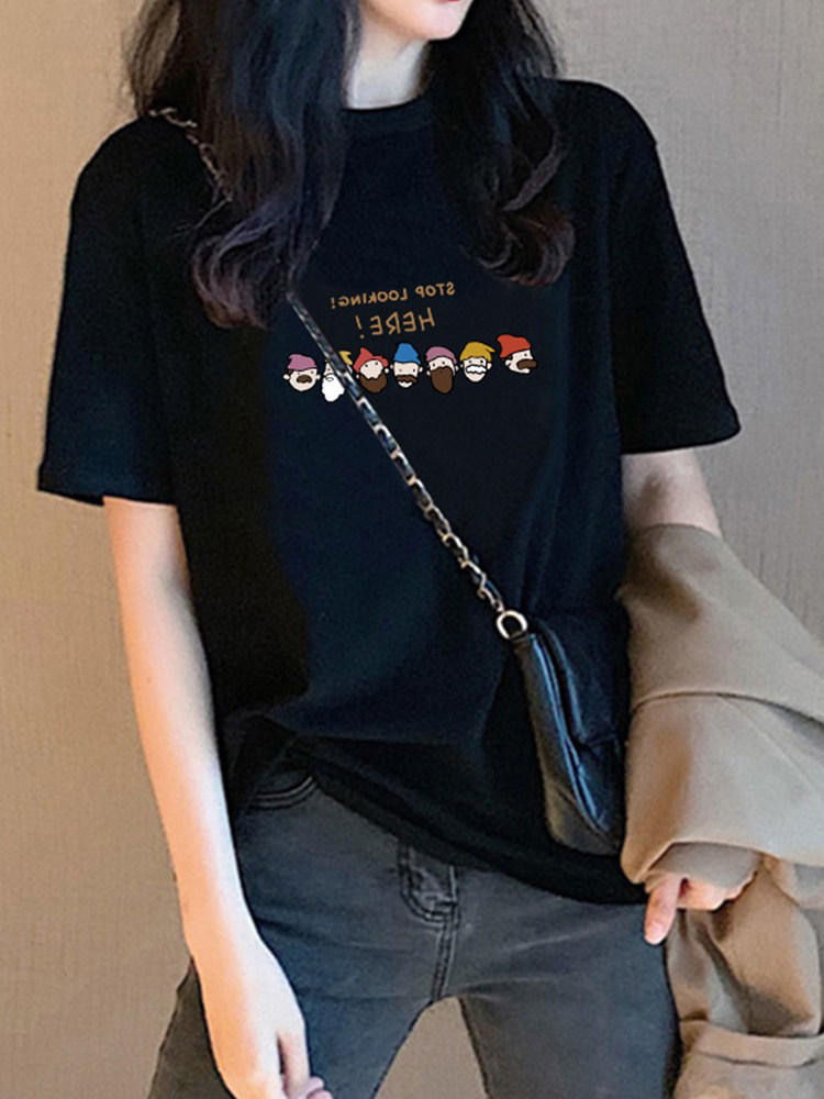 黑色印花短袖t恤女2026春季新款宽松大码圆领纯棉正肩体恤上衣潮