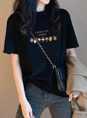 黑色印花短袖t恤女2026春季新款宽松大码圆领纯棉正肩体恤上衣潮