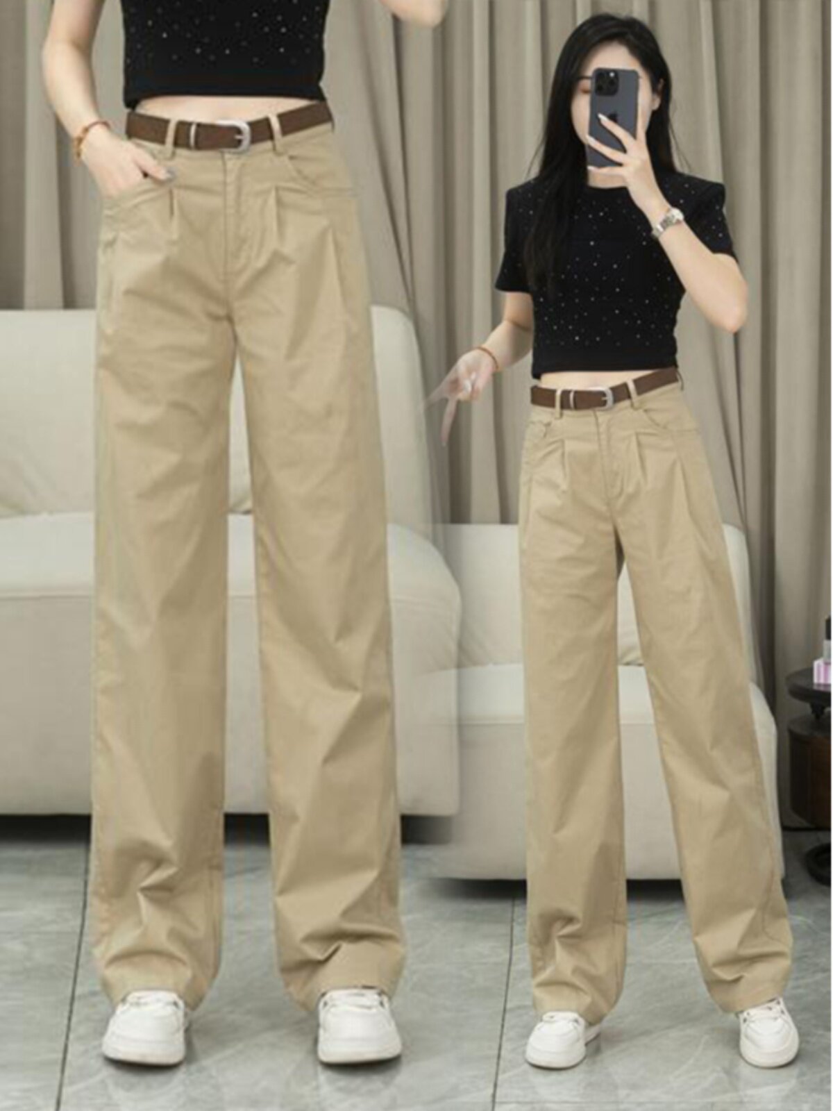 卡其窄阔腿女工装裤2025新款春秋季高腰修身宽松休闲直腿及地裤