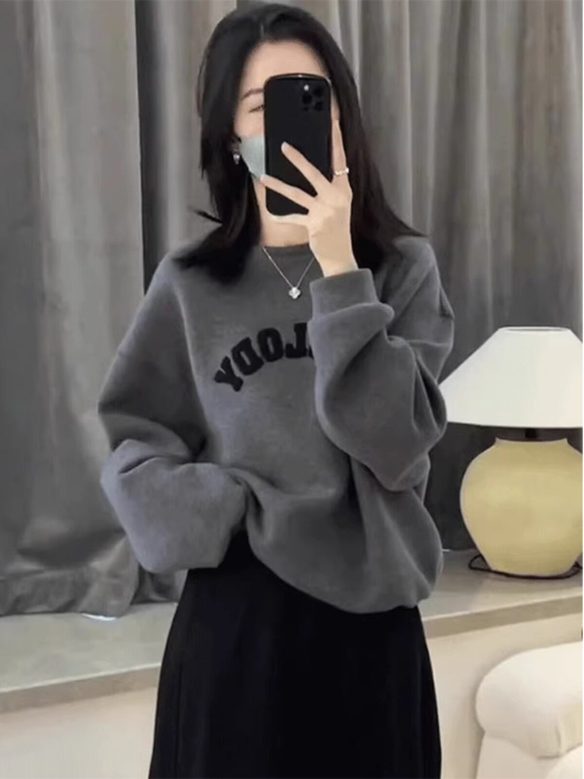 灰色圆领卫衣女2025春秋新款慵懒风印花宽松显瘦休闲长袖套头上衣