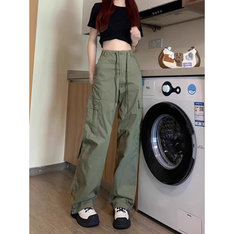 军绿色美式工装裤女夏季新款高腰显瘦直筒裤高个子加长拖地机能裤