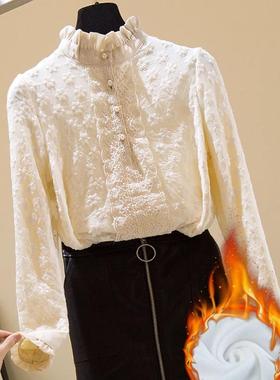 加绒蕾丝t恤打底衫女春秋冬新款高级感洋气内搭小衫保暖上衣1111h