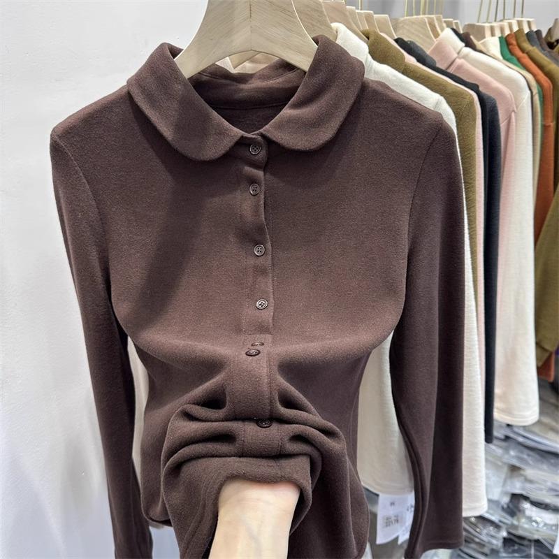 秋冬女打底衫双面翻领2025新款加厚修身内搭单排扣polo衫上1119k