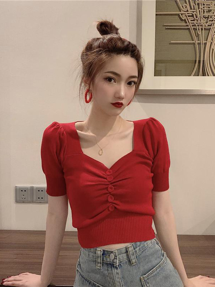 코튼 컬러 2024 봄 여름 새로운 디자인 틈새 반팔 티셔츠 여성 프렌치 스퀘어 넥 짧은 스웨터 탑