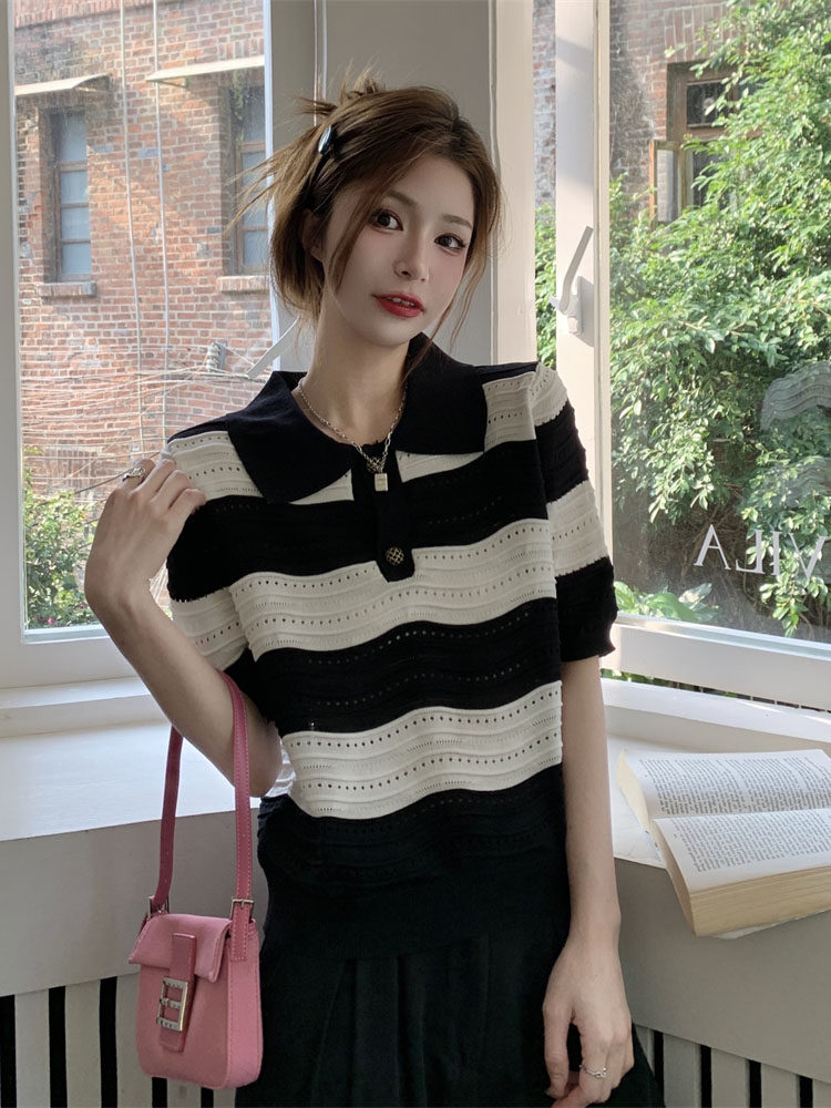 코튼 컬러 여름 새로운 디자인 틈새 웨이브 패턴 스웨터 여성 폴로 칼라 스트라이프 반팔 티셔츠 탑
