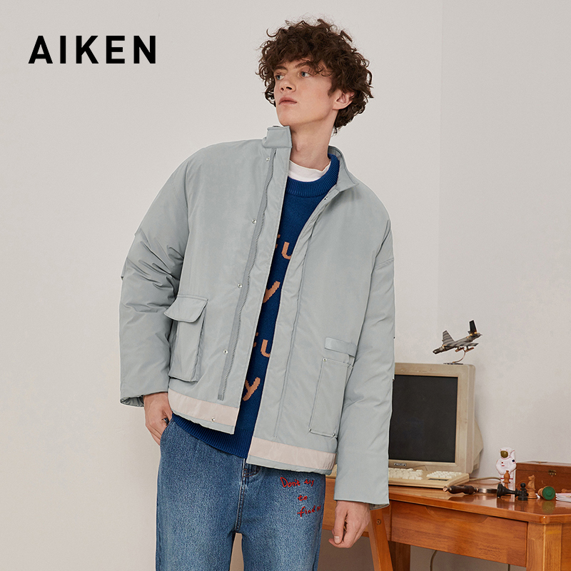 aiken/爱肯2019冬新款宽松短款立领羽绒服男撞色潮流百度情侣装