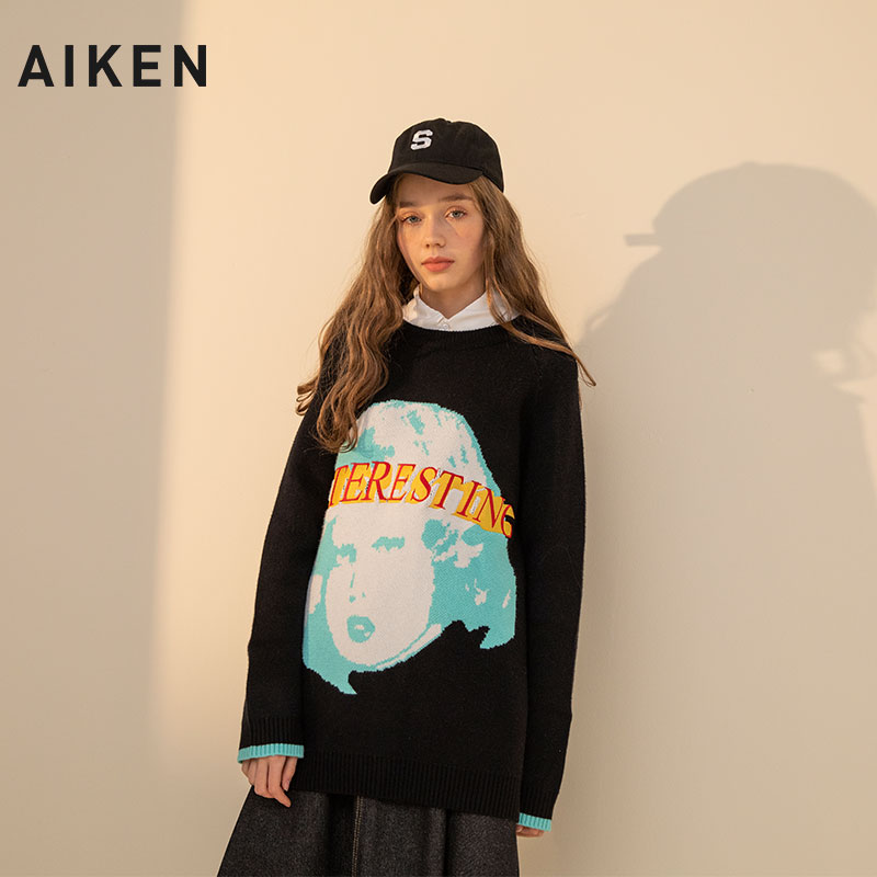 aiken/爱肯2019秋新款复古圆领毛衣加厚 字母文艺刺绣针织衫男
