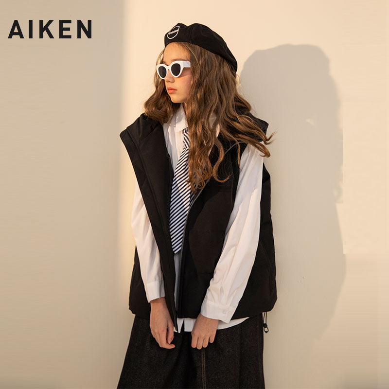 aiken/爱肯2019秋冬新款宽松短款连帽马甲男 潮流简约舒适背心