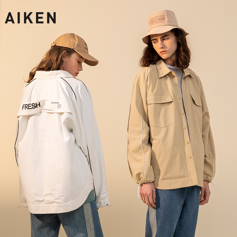 aiken/爱肯20春新款外套男日系复古休闲宽松翻领夹克上衣情侣装
